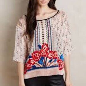 ✅ ANTHROPOLOGIE Posey Peasant Top SILK Floral Beige Top with Pink/Blue Accents S
